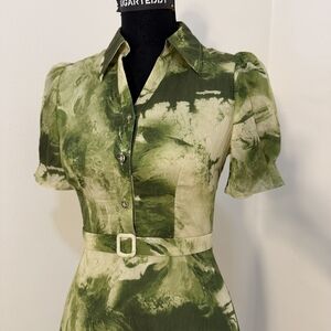 Green Print Dress – Abstract Art, Wearable Elegance with Belt